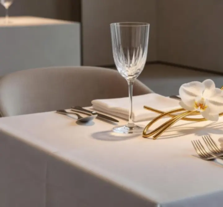 Table élégante dressée au Lib Casino avec vaisselle raffinée et lumière chaleureuse