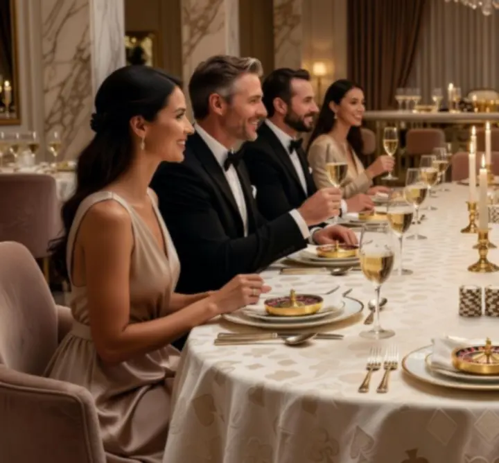 Table de dîner élégante inspirée du casino, intégrée à la salle du restaurant.