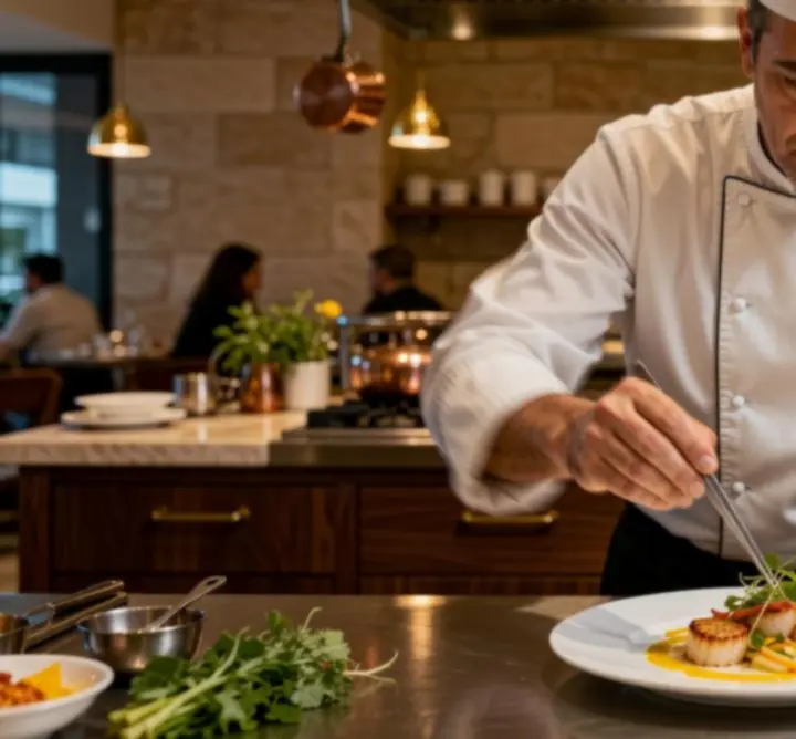 Chef en action dans la cuisine ouverte du restaurant Lib Casino