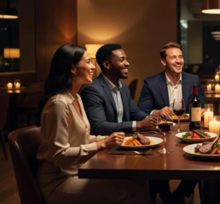 Groupe d'amis partageant un moment convivial autour d'une table gastronomique.