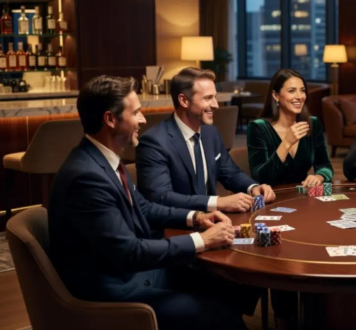 Soirée poker offline dans un salon élégant du Lib Casino avec invités en tenue de soirée.