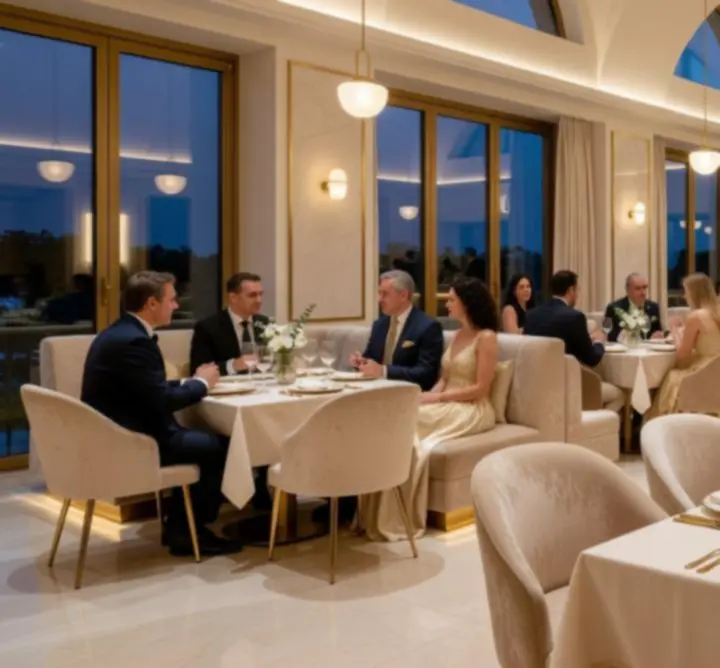 Vue du restaurant Lib Casino en soirée avec lumière chaleureuse et décor contemporain
